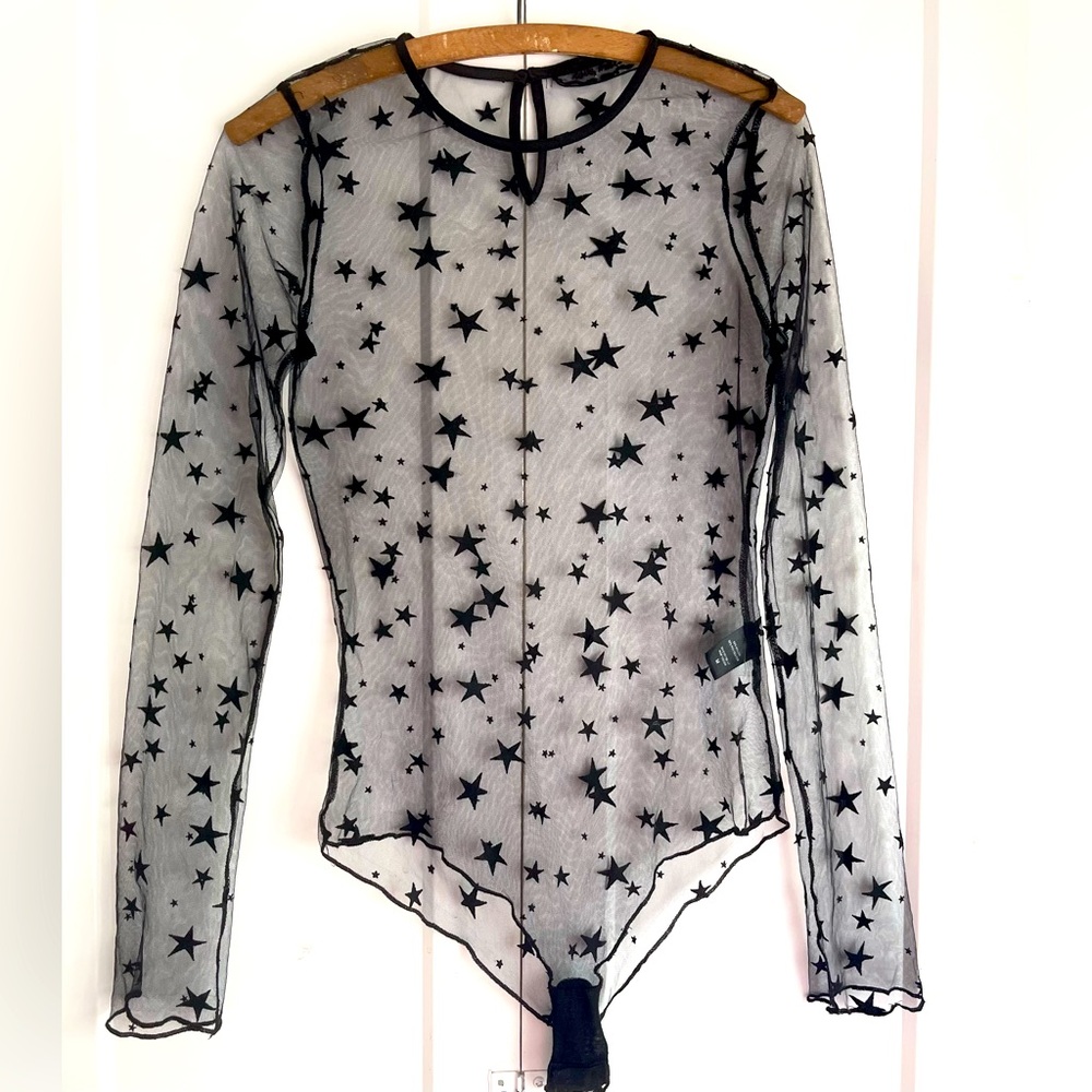 Love, Mar Black Star Mesh Sheer Bodysuit NEW! Size Medium